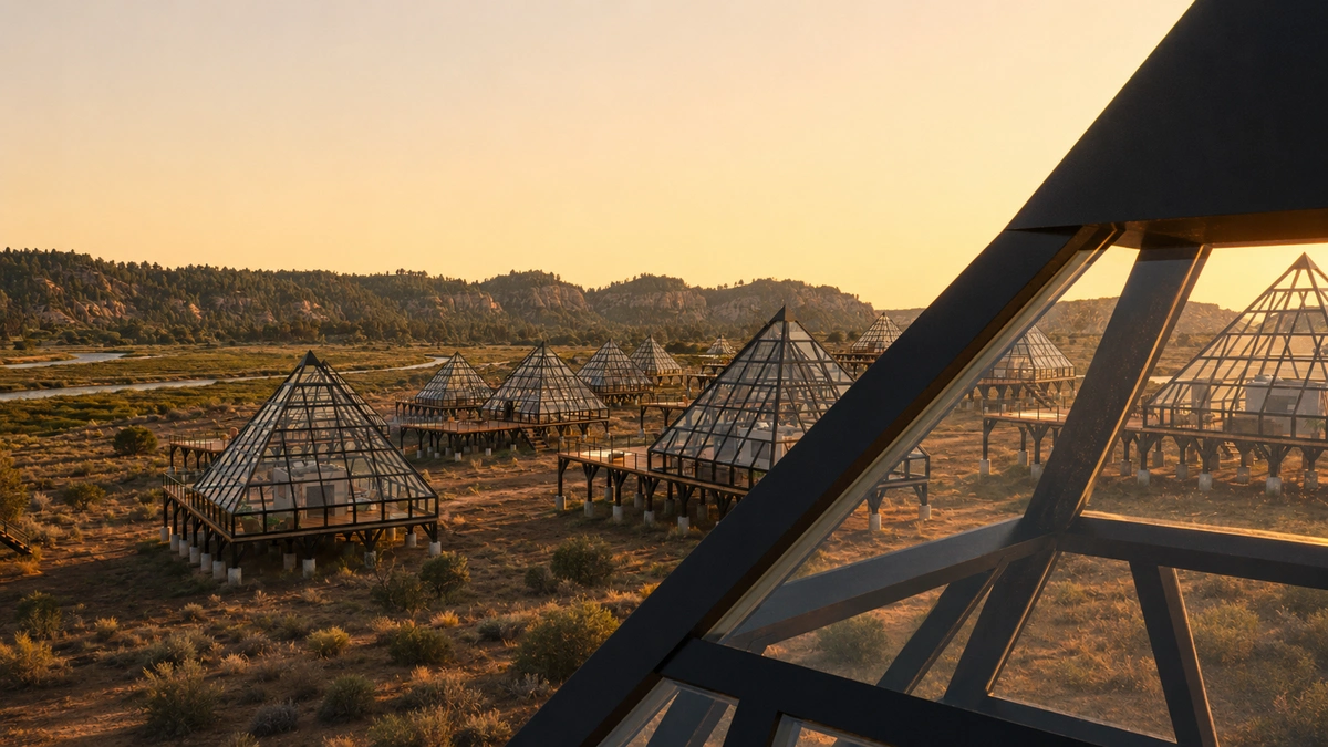 A golden-hour glass pyramid resort