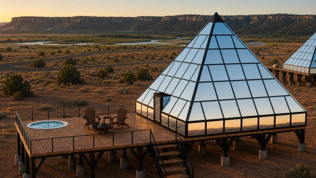 Warm-lit pyramid interior with a desert view
