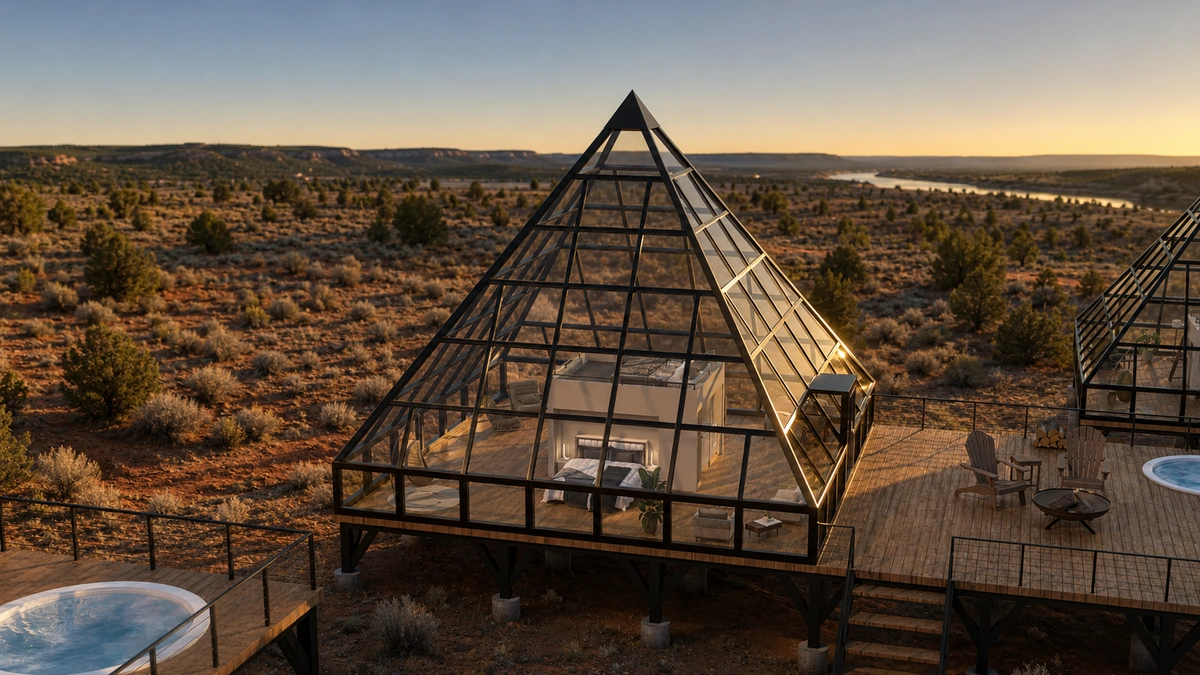 A golden-hour glass pyramid cutaway