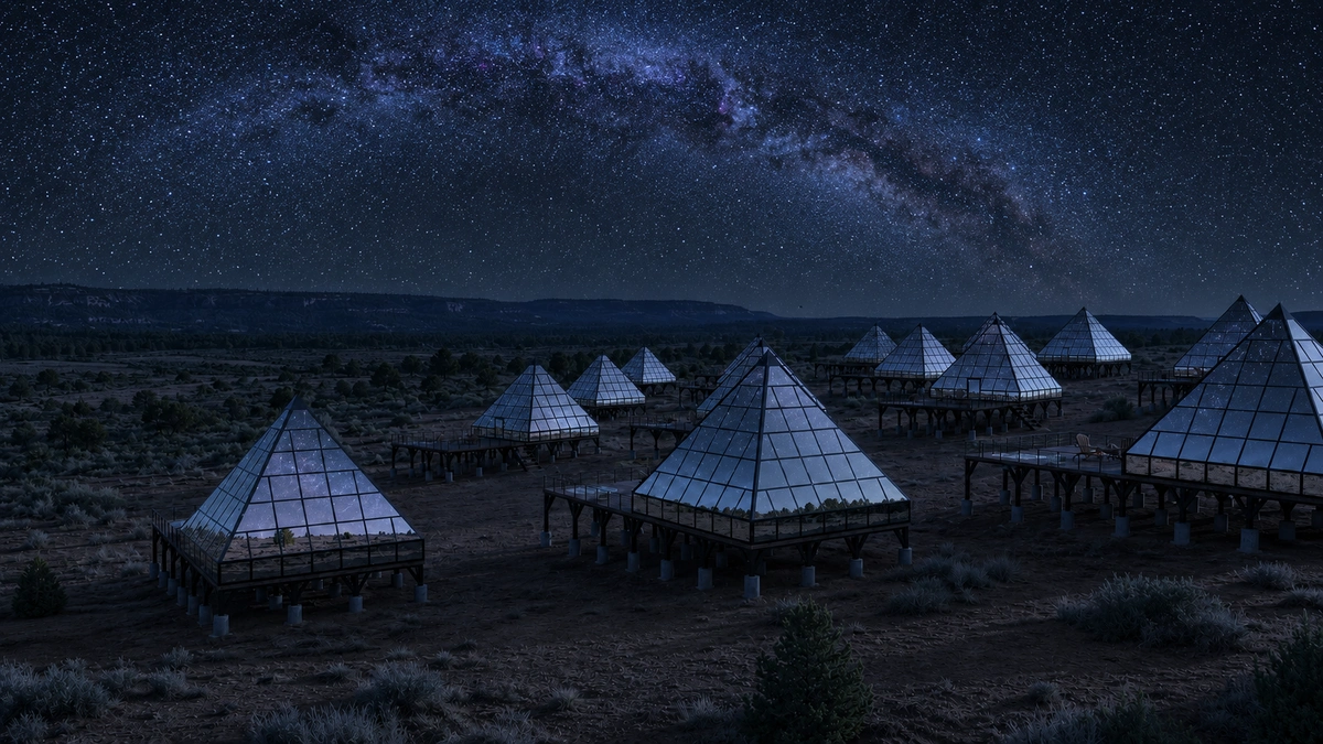 The Milky Way arching over the glass pyramid field at Bryce Canyon