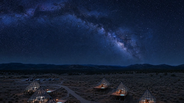 Pyramid suite glowing beneath a star-filled sky