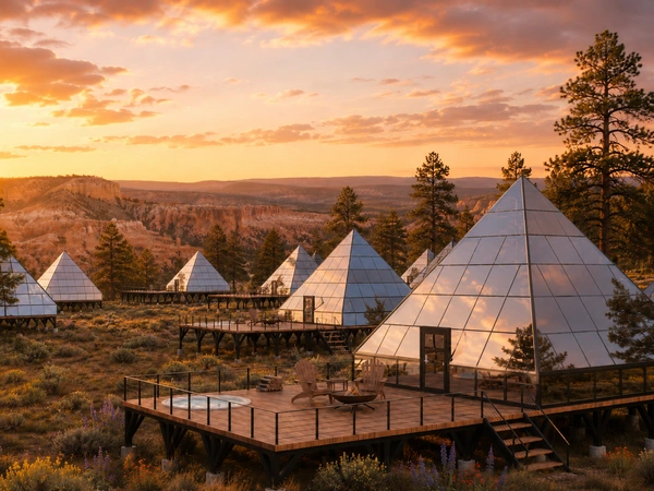 A cluster of glass pyramid suites at sunset above red-rock canyon country