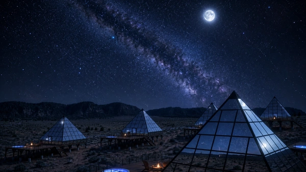Glass pyramid suites under a bright moon and the Milky Way in the desert