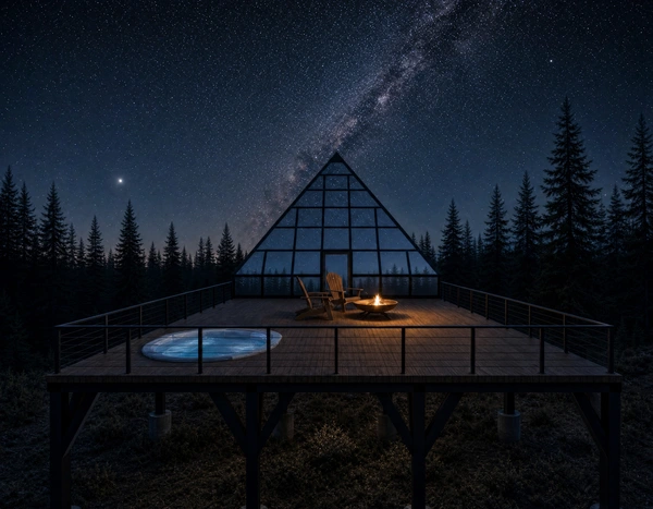 Glass pyramid suite beneath the Milky Way, fire pit and hot tub on the deck