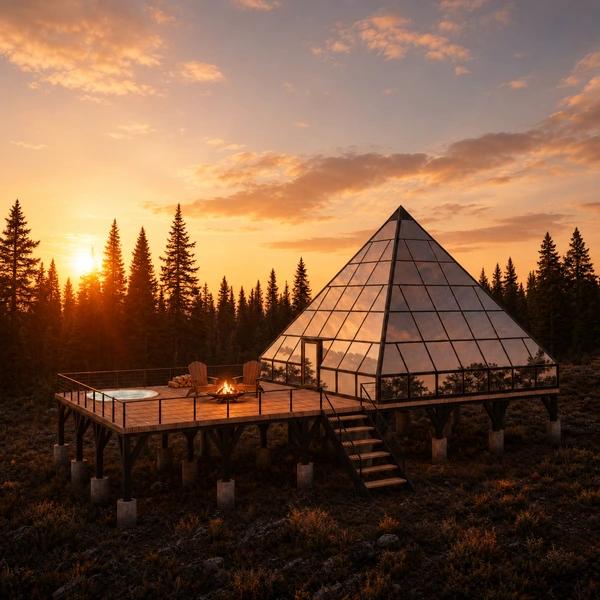 Glass pyramid suite on a raised deck at golden sunset, fire pit and hot tub above a pine forest