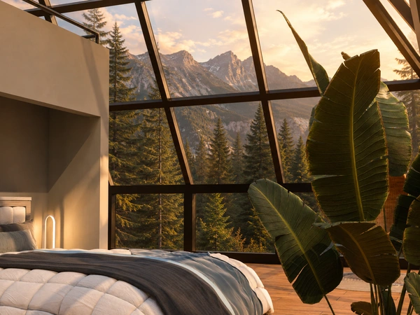 Pyramid suite bedroom with an angled glass wall framing mountain and forest views at golden hour