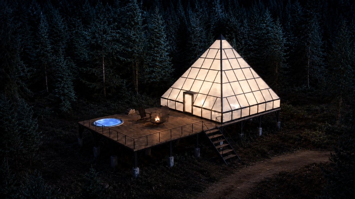 Luxury interior beneath the glass apex of a pyramid suite