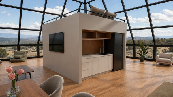 Luxury bedroom framed by the glass apex