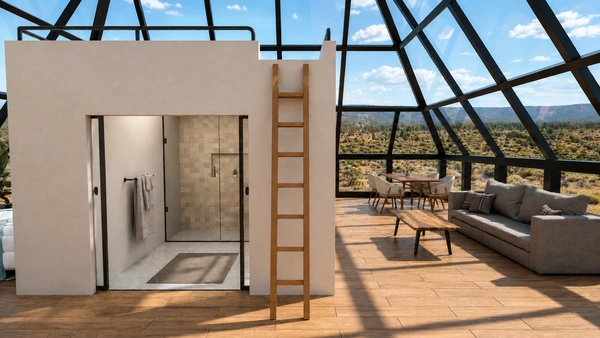 Interior of a pyramid suite at dusk