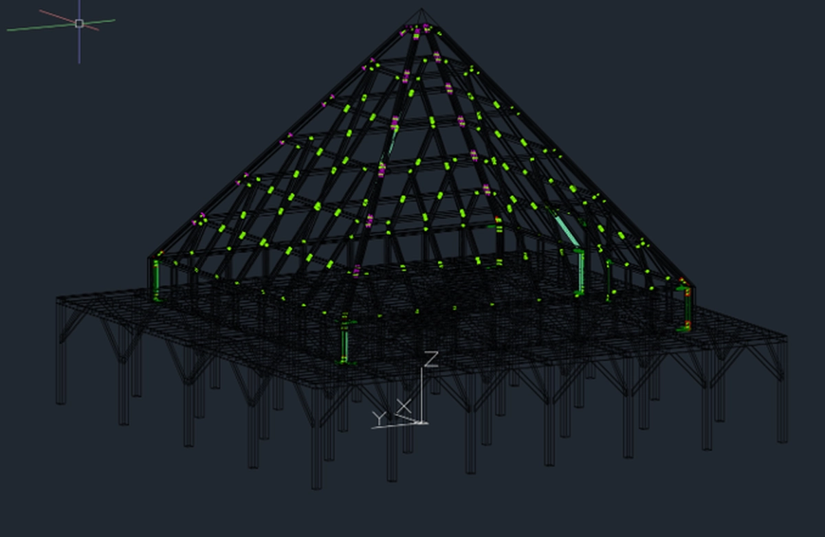 The engineered structural frame of a glass pyramid