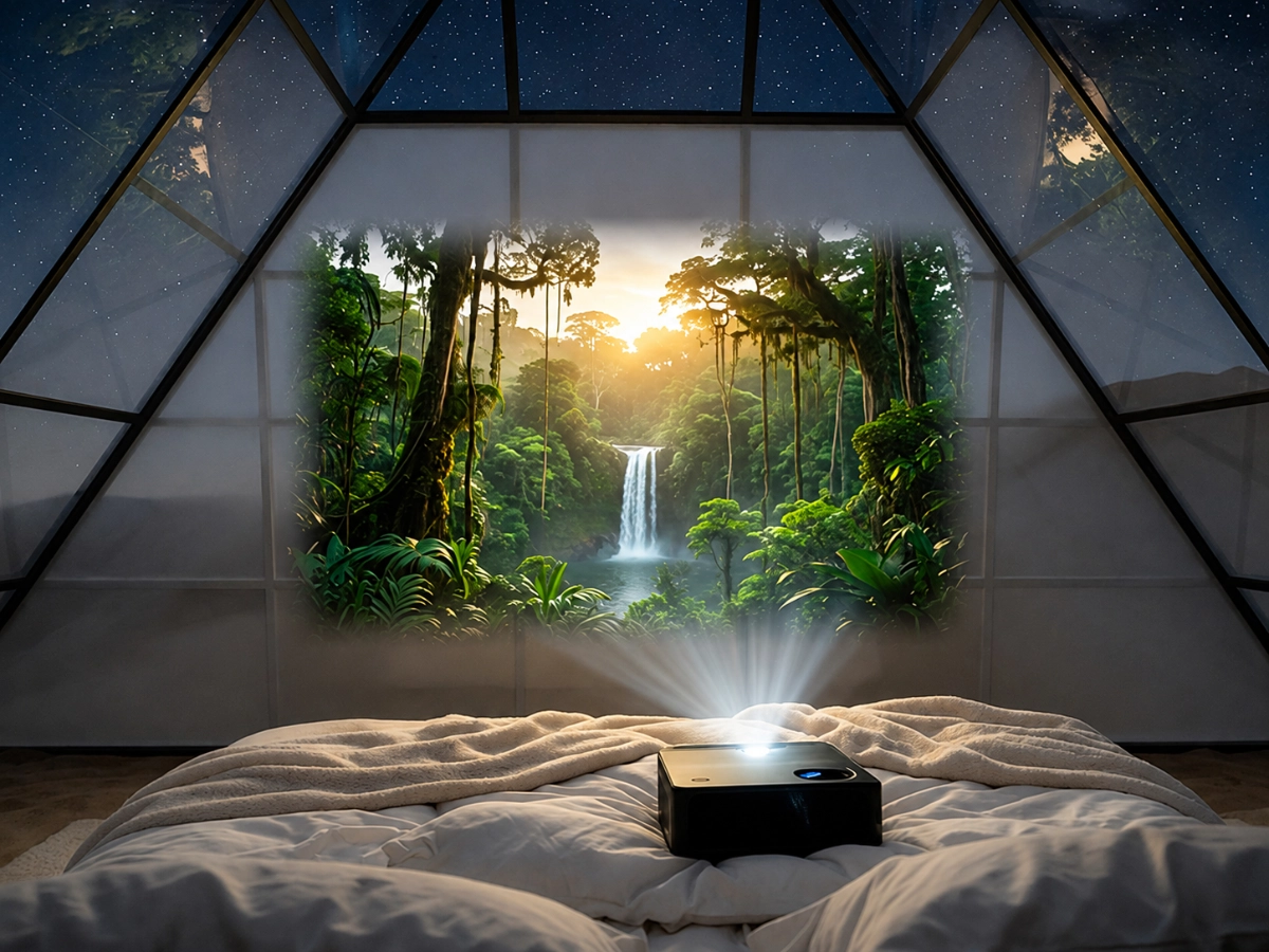 A film projected across the interior wall of a glass pyramid suite