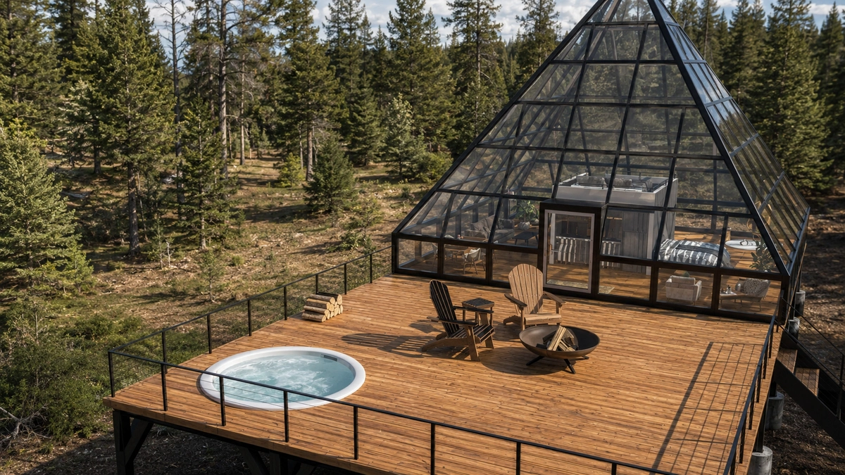 A private deck overlooking the Montana forest near Glacier National Park