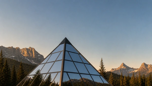 Forest clearing with a glass pyramid